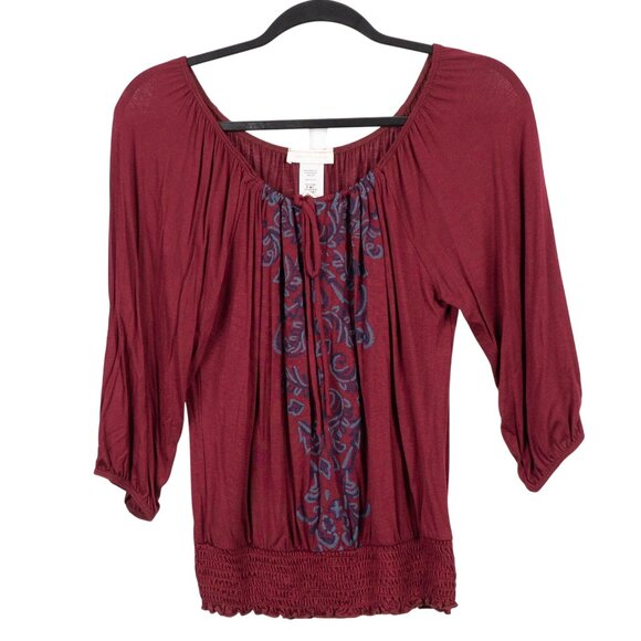 Pretty Good Peasant Blouse L Womens NEW Burgundy Boho Blue Paisley 3/4 Sleeves - Picture 1 of 6